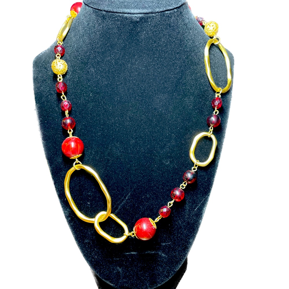 Express Gold Toned Single Strand Ruby Red Beaded … - image 7